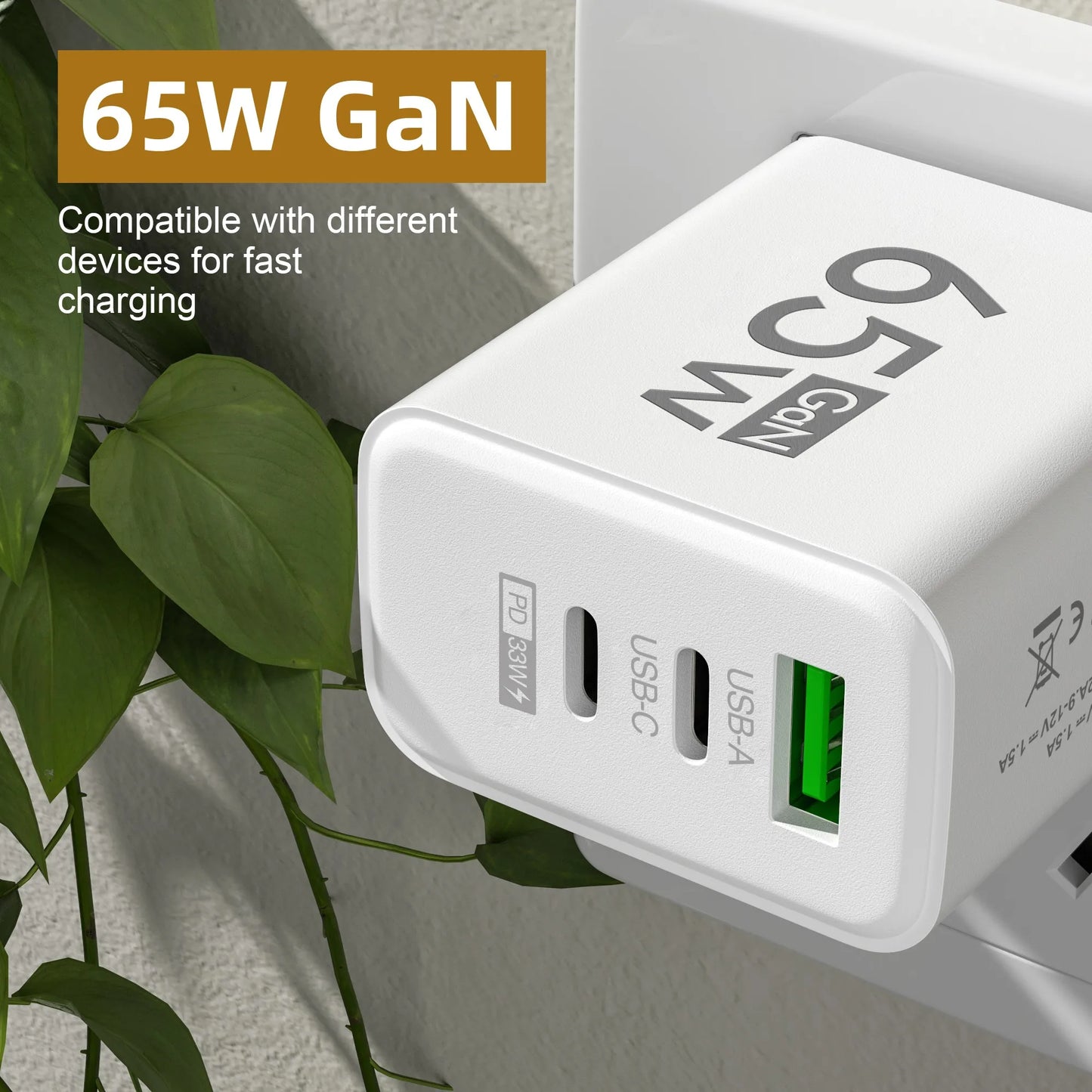 65W GaN Fast Charger – 3-Port Power Adapter for iPhone & Android