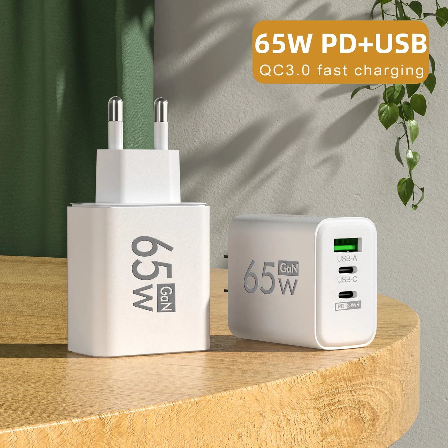 65W GaN Fast Charger – 3-Port Power Adapter for iPhone & Android