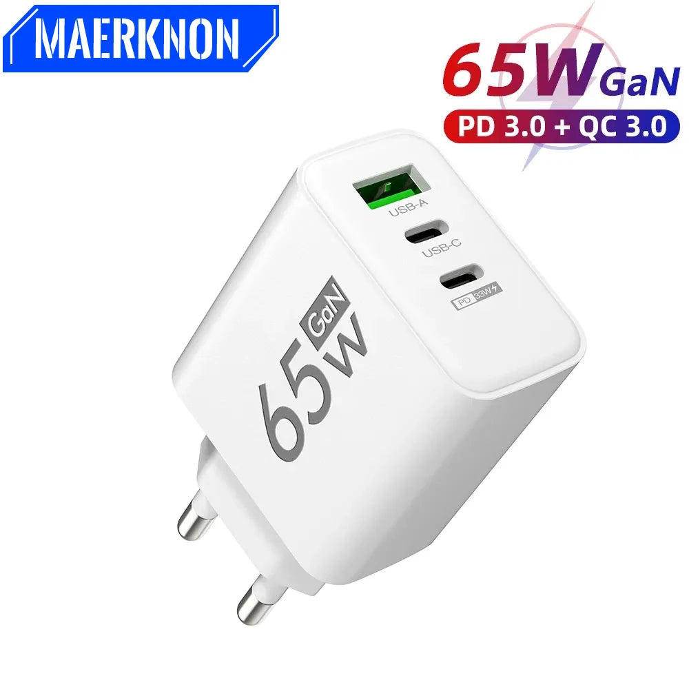65W GaN Fast Charger – 3-Port Power Adapter for iPhone & Android