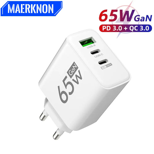 65W GaN Fast Charger – 3-Port Power Adapter for iPhone & Android