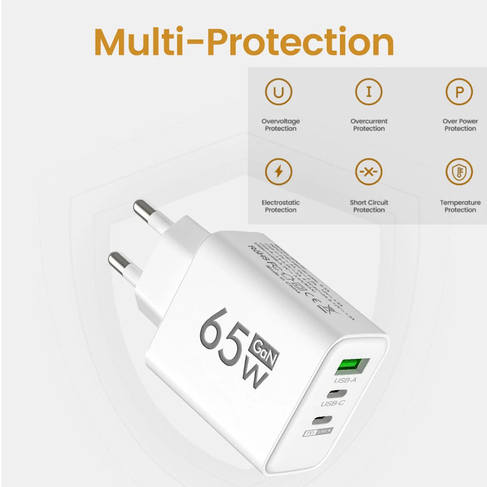 65W GaN Fast Charger – 3-Port Power Adapter for iPhone & Android