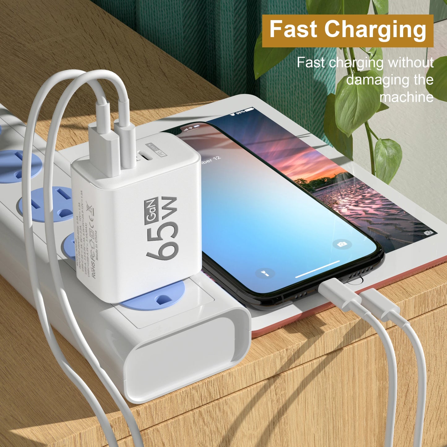 65W GaN Fast Charger – 3-Port Power Adapter for iPhone & Android